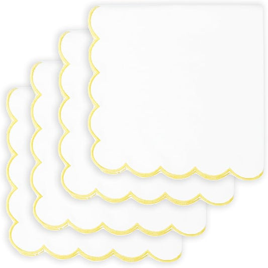 PurpleEssences Scalloped Embroidery Cloth Napkins Christmas Holiday Winter Table Decor 100% Cotton Set of 4-18 x 18 inch - White - Edges - Yellow