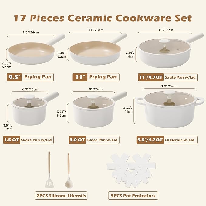 JEETEE Ceramic Cookware Sets 17pcs, Pots and Pans Set Non Stick, Healthy Induction Kitchen Cooking Set with Removable Handles, Stackable Pots Pans, Oven Safe, PFOA/PFOS Free, Beige