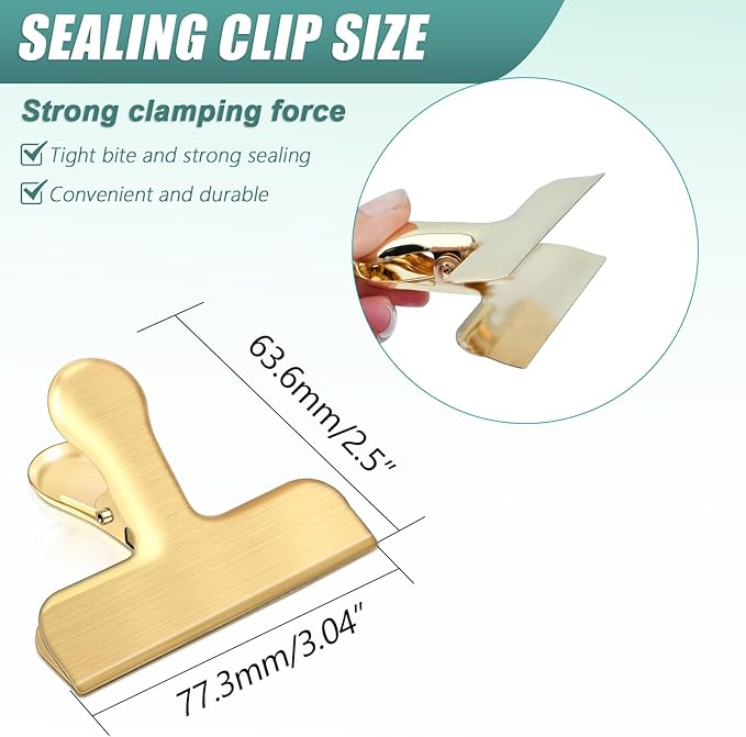 Bag Clips, 10 Pack Stainless Steel Chip Clips for Food, Food Clips Heavy Duty Clamp Clips Kitchen Clips Snack Clips for Office Kitchen Home, Gold