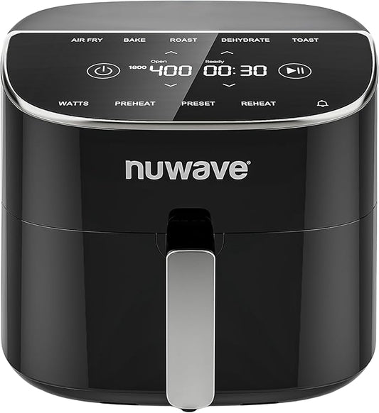 Nuwave Brio Plus 8 Qt Air Fryer, PFAS Free, New & Improved, Digital Touch Screen, Cool White Display, 50°F~400°F in Precise 5°, 5 Cook Functions, 100 Presets & 50 Memory, 3 Wattages 700, 1500, 1800