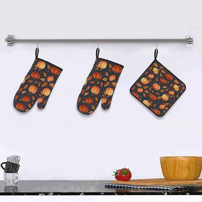 Oven Mitts Pot Holders Set 3 for Kitchen, Pumpkins Insulation Oven Gloves Heat Resistant Pot Pads Cook Essentials Accessories for BBQ Baking Cooking Kitchen Decor Gifts for Women