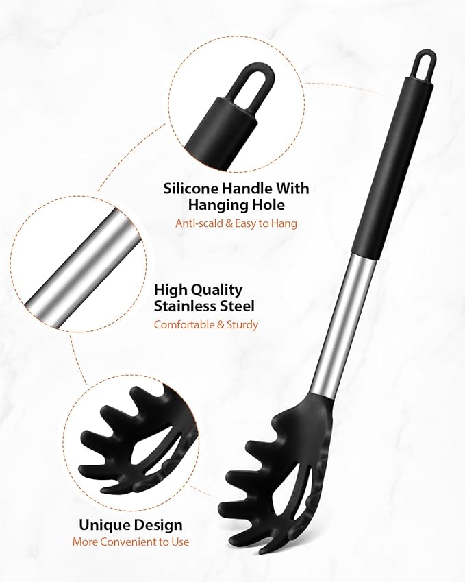 Silicone Spaghetti Spoon & Pasta Tong, Non-Stick Stainless Steel Handle Pasta Fork Set with Teeth, Food Clip for Easy Serving of Noodles (Black)