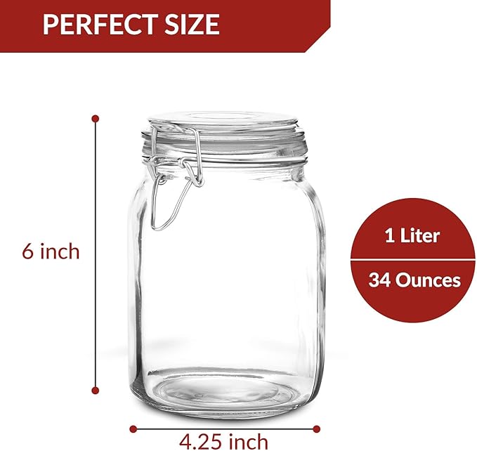 Set of 3 Mason Jars with Lid (1 Liter) | Airtight Glass Storage Containers for Food, Flour, Pasta, Coffee, Candy, Dog Treats, Snacks & More | Glass Organization Canisters | 34 Ounces