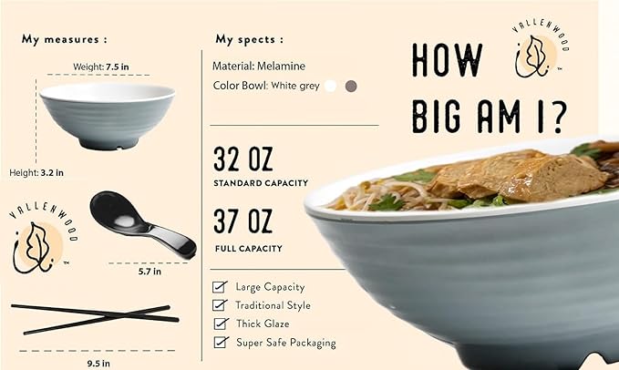 4 Ramen Bowls, 12 pieces Pho set. Gray White Asian Japanese soup. Utensil: Spoons And Chopsticks kit. Melamine. Large 37 oz. Noodles, Rice, Udon, Thai, Chinese, Korean, Wonton, Miso.