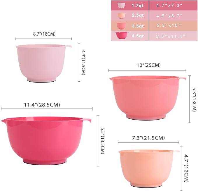 BoxedHome Classic Mixing Bowl Set, BPA Free Plastic, Microwave and Dishwasher Safe (Set of 4, Pink), 4.5 quarts