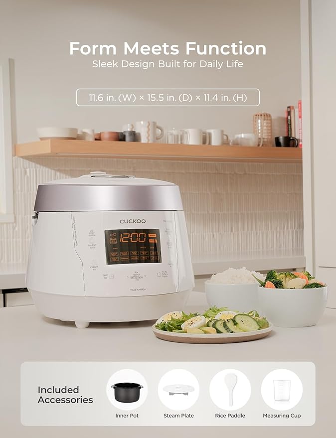 CUCKOO High Pressure Rice Cooker 10-Cup Uncooked / 20-Cup Cooked with Nonstick Inner Pot, Large Rice Maker with 13 Menu Options and Steam Plate, Fuzzy Logic Tech, Voice Guide, White (CRP-P1009SW)