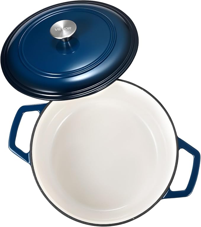 VEVOR Enameled Cast Iron Dutch Oven, 6 Quart Pot with Lid and Dual Handles, Heavy-Duty Durable Cookware Pan, Oven Induction Compatible up to 500℉, for Braising, Stews, Roasting, Bread Baking, Blue