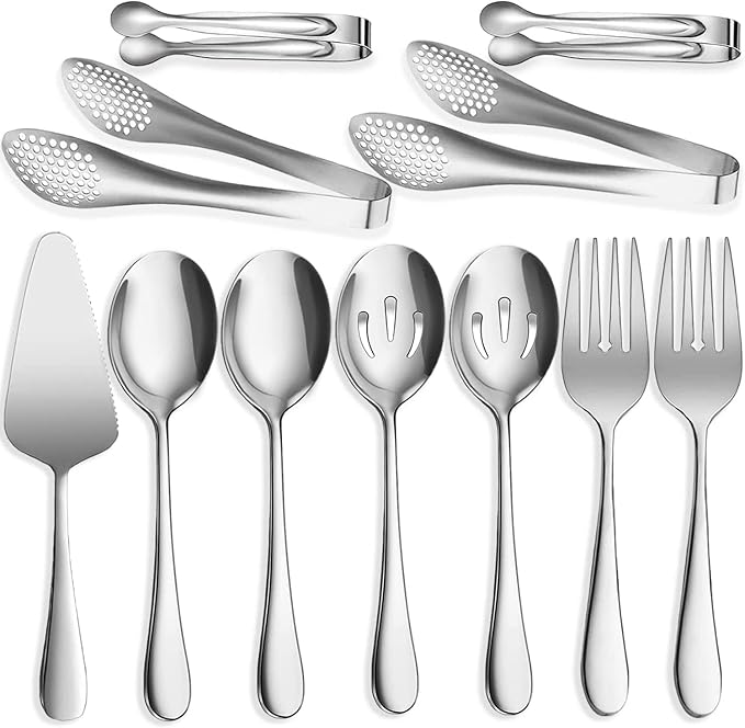 11 PCS Serving Utensils, Large Stainless Steel Spoons Forks Tongs, Pie Server, Great for Hostess Buffet Catering Banquet Party, Silver