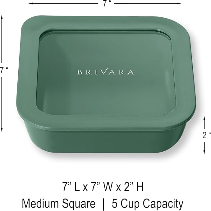 Ceramic Coated Glass Food Storage Container | No PTFE, PFOA, PFAS, and BPA | Reusable Non Toxic Meal Prep Container with Glass Lid | Easy To Store | 5 Cup Square [Pine]