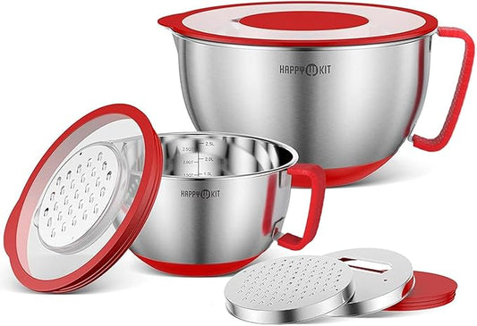 HAPPY KIT 18/8 Mixing Bowls with Lids Set of 2,Stainless Steel Mixing Bowl with Pour Spout, Non-slip Handle and Bottoms, 3 Grater Attachments, Measurement Marks & Lid, Size 5, 3QT(Red)
