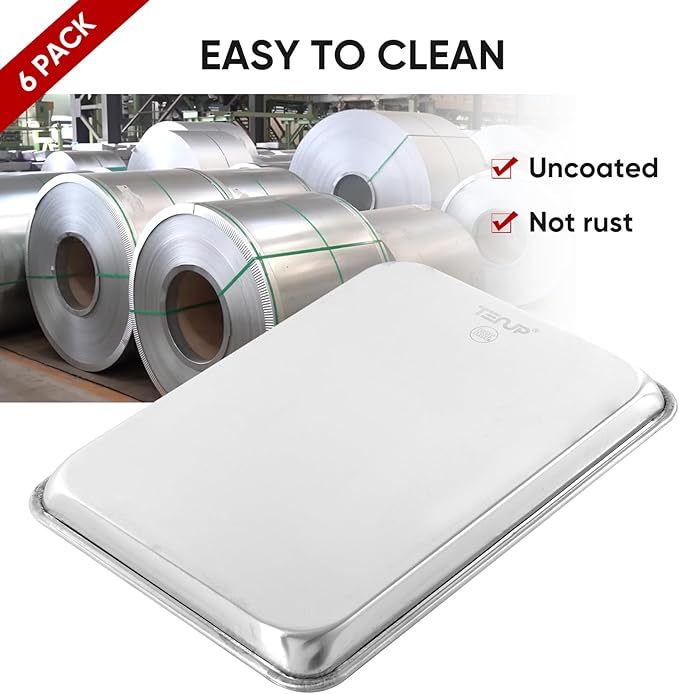 TENUP 6 Pack Aluminum Quarter Sheet Pan, 13" x 9" Heavy Duty Commercial Baking Tray Reinforced Rim, Warp-Resistant Rust-Free