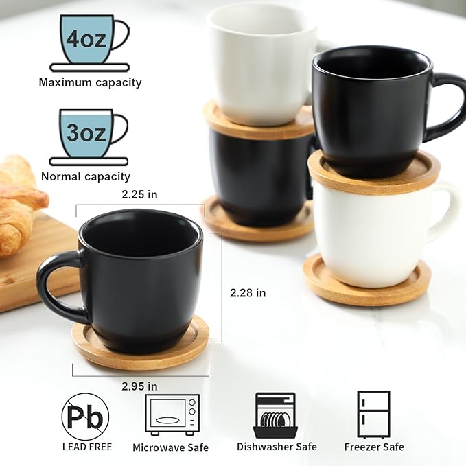 Hasense 4 OZ Espresso Cups and Saucers Set of 6, Demitasse Cups with Handle for Latte, Cappuccino, Cafe Mocha and Tea, Porcelain Coffee Cups for Coffee Bar and Party, Black