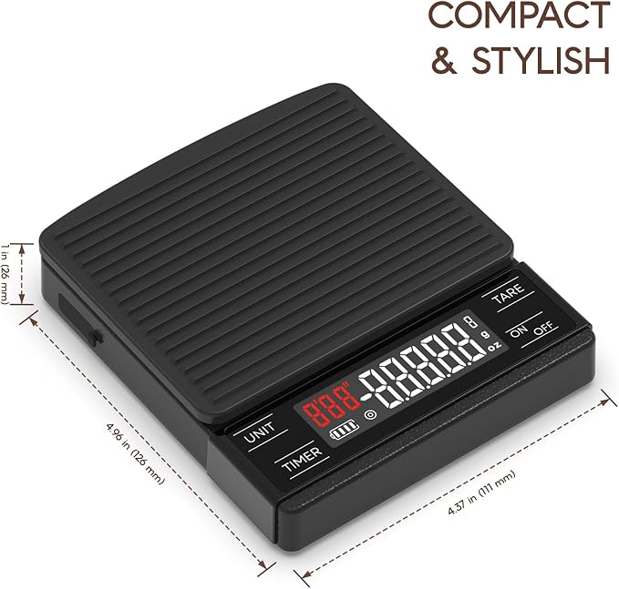 MAXUS Coffee Scale with IP65 Waterproof Design, USB Rechargeable 1000mAh Battery, Espresso Scale with Timer 2kg/0.1g High Precision, Ideal for Brewing and Pour-Over Coffee