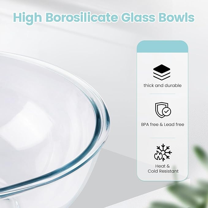 Luvan Borosilicate Clear Glass Mixing Bowls with Lids Set of 4 (0.53qt, 1.1qt, 2.1qt, 3.7qt), Space Saving Nesting Bowls Large Kitchen Salad Bowls for Meal Preping,Baking,Mixing,Dishwasher Safe