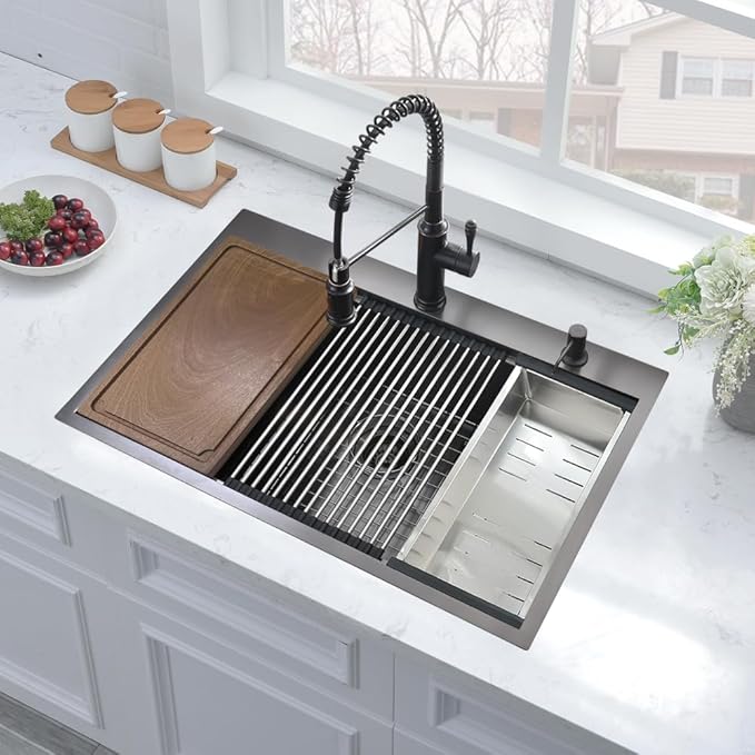 33 Black Drop in Kitchen Sink, 33 x 19 Inch Black Stainless Steel Kitchen Sink Single Bowl 16 Gauge Workstation Top Mount Deep Basin