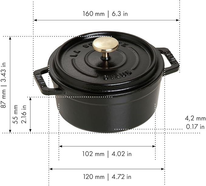 STAUB Cast Iron Dutch Oven 0.5-qt Round Cocotte, Made in France, Serves 1, Matte Black