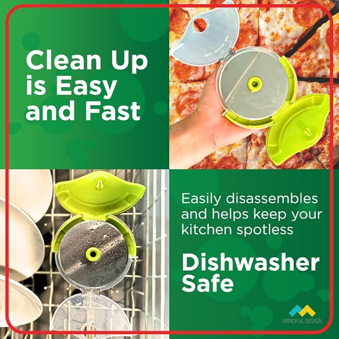 Mindful Design Pizza Cutter Wheel with Protective Blade Cover, Easy to Clean and Dishwasher Safe Ergonomic Pizza Slicer (Green)