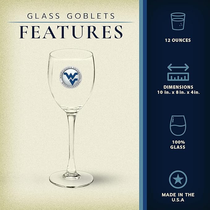 Heritage Pewter West Virginia Mountaineers Glass Goblets – Set of 2 | 12 OZ Goblet Wine Glasses | Expertly Crafted Pewter Glass