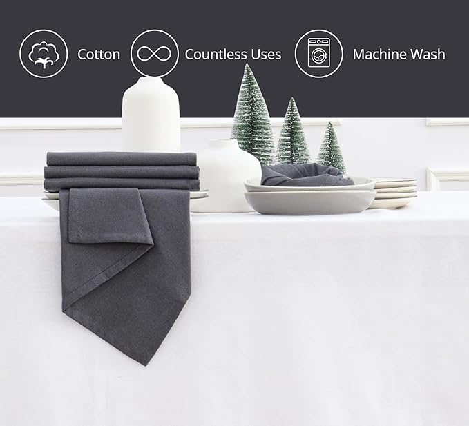 PurpleEssences Set of 12 Cloth Dinner Napkins 100% Cotton 18x18 Inch - Soft Durable Washable - Ideal for Farmhouse Party Christmas Holiday Winter - Perfect Everyday Use Table Linen - Dark Gray