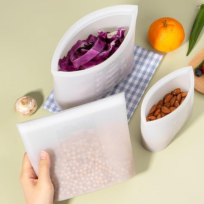Large Reusable Food Bags 4 Pack, 1.5 Quart(50.7fl.oz) 100% Silicone Storage Bags Stand Up Zip Silicone Food Container, Freezer Microwave Oven Dishwasher Safe, Translucent