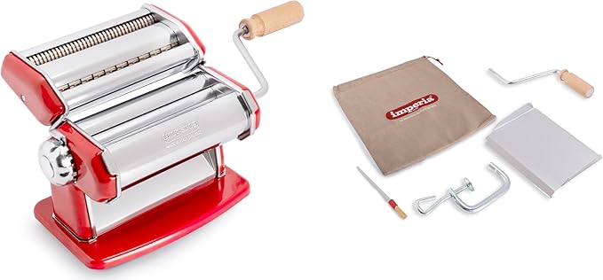 Imperia Pasta Maker Machine, Red- 100% Made in Italy, Heavy Duty Steel Construction, Easy Lock Dial Wood Grip Handle & Cleaning Brush- Fresh Homemade Italian Spaghetti Fettuccine Lasagna, Classic Line