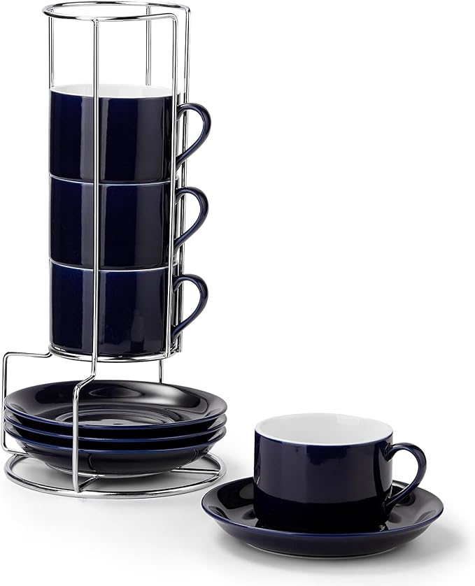 5 Ounce Blue Porcelain Stackable Espresso Cups with Stainless Steel Holder, Set of 4, Durable Ceramic, Perfect for Home, Office or Gift