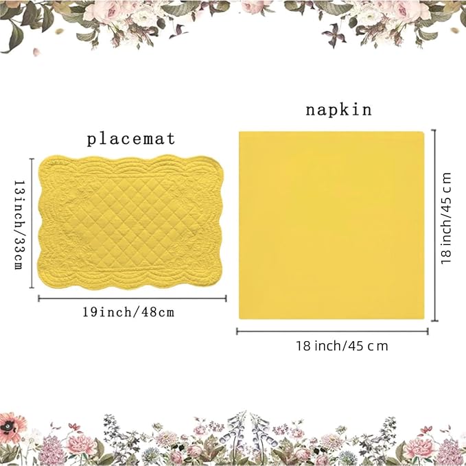 Quilted Placemats Set of 4 with Matching Cotton Napkins – 4 Piece Table Mats & 4 Cloth Napkins – 100% Cotton Table Linen Set for Everyday & Holiday Dining (4, Yellow)