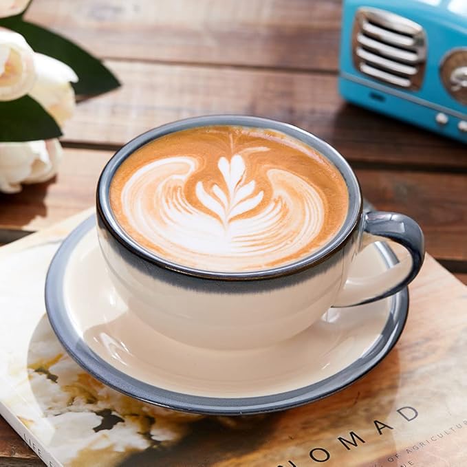 Vintage Design 12 oz Ceramic Latte Art Cappuccino Barista Cup with Saucer (Beige)