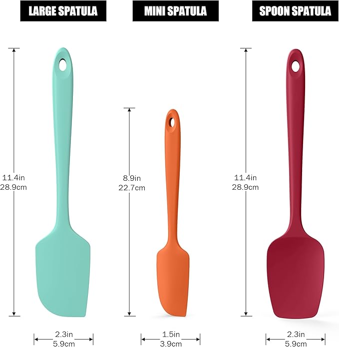 3-Piece Silicone Spatula Scrapers: Doosu 600°F Heat Resistant Food Grade Kitchen BPA Free Rubber Baking Cooking Tool Nonstick Utensil Set for Mixing, Scraping, Folding, Stirring, Serving (Multi-4)