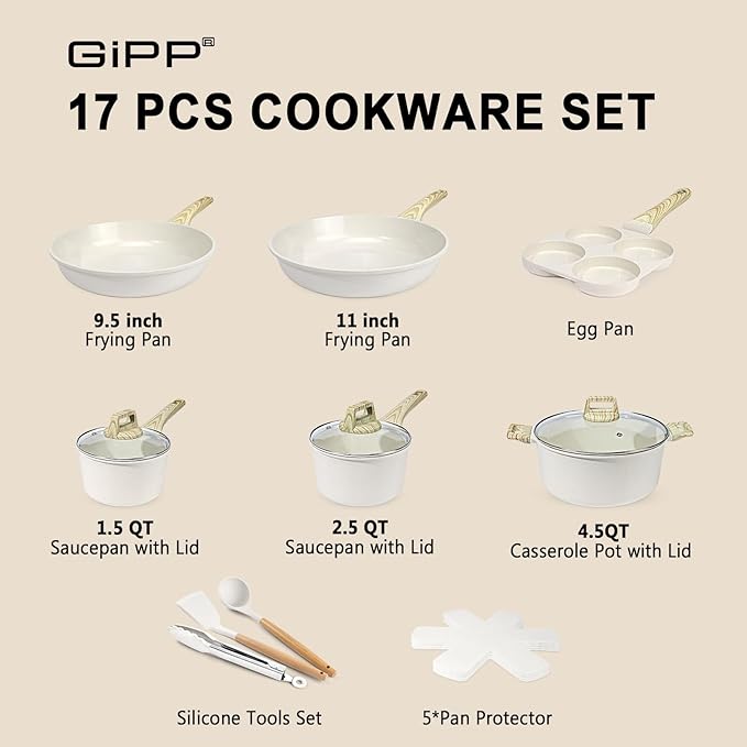 GiPP Ceramic Pots and Pans Set Non Stick - 17 Pcs Nonstick Cookware Set, Non-toxic Healthy Kitchen Cooking Set w/Frying Pans Set, Dishwasher Safe, PFAS PTFE PFOA PFOS Free