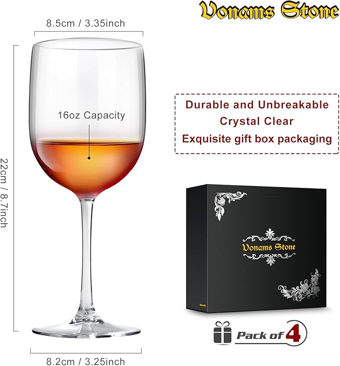 Unbreakable Wine Glasses 16oz - Shatterproof, Reusable, Drink Glassware (Set of 4) For Indoor Outdoor Drinkware Travel, Pool, Camping, Beach, Picnic