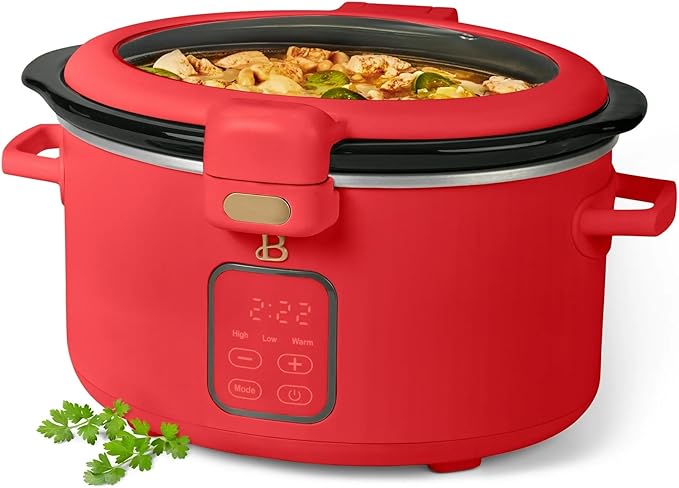 Beautiful 4-Qt Programmable Slow Cooker with Hinged Locking Lid & Touch Display – 3 Heat / 4 Timer Settings (Tomato Red)