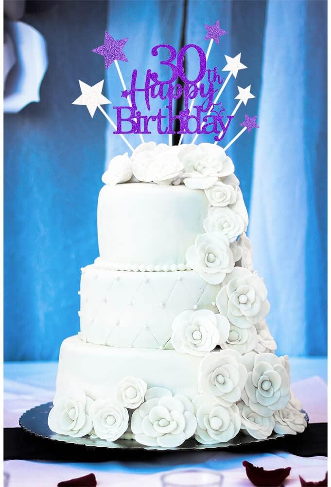 Glittery 30th Happy Birthday Cake Topper with Star,Personalised 30 Birthday Cake Toppers Party Decorations Party Supplies for Men Women Purple Silver