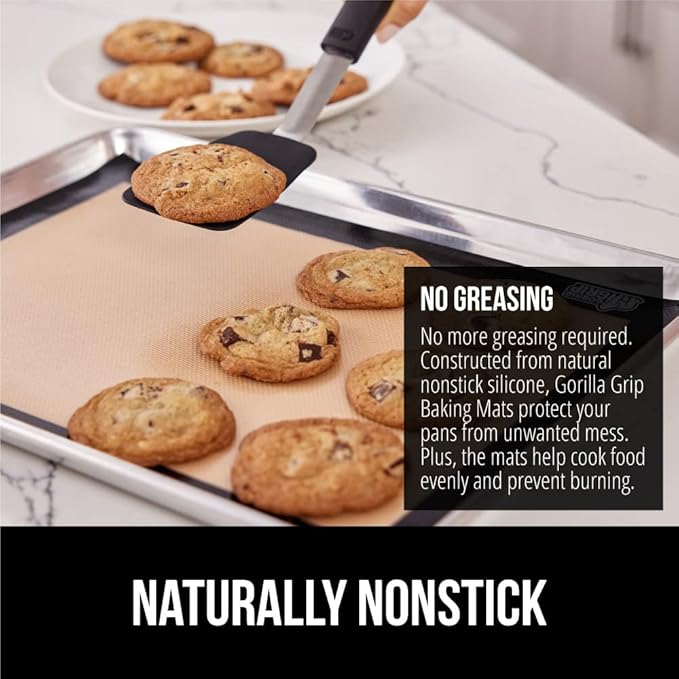 GORILLA GRIP Reusable Nonstick Silicone Baking Mat, 2-Pack, 16.5x11.87, Half Sheet, BPA-Free Oven Safe Food Liner for Cookie Sheets, No Mess Easy Clean Pastry Mats, Holiday Baking Essentials, Black
