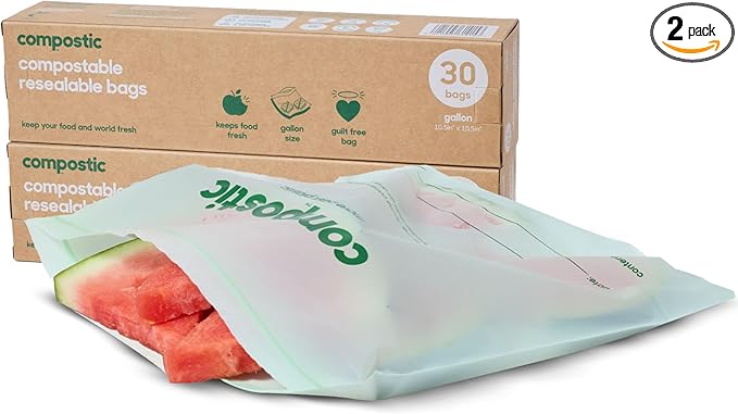 Compostic Home Compostable Resealable Gallon Bags (10.5"x10.5"), Microwave & Freezer Safe, Organic Food Storage Container, 30 Count (Pack of 2)