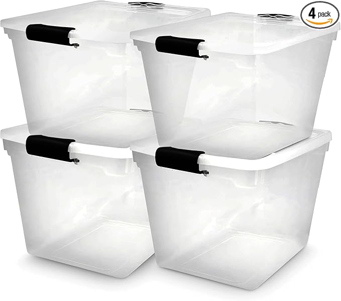 HOMZ 4-Pack Latching Lid, Large Clear Plastic Storage Bins with Lids, 31 Quart, Gray Latch - Stackable Container Boxes for Home, Bathroom, and Office Organization