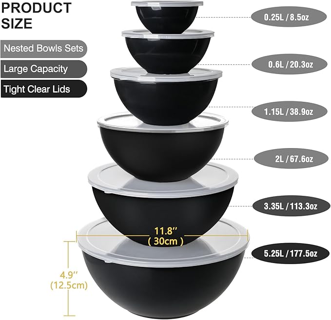 6-Piece Plastic Mixing Bowl Set with Lids for Kitchen, Nesting Storage Bowls for Baking, Prepping,Cooking and Serving Food, Dishwasher, Microwave Safe,Great for Mixing & Serving(6 Set-Black)