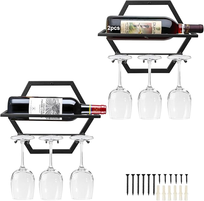 2Pcs Wall Mounted Wine Bottle Stemware Rack, Metal Hanging Wine Display Holder with 3 Stemware Glass Organizer, Red Wine Racks for Home Kitchen Bar Decor (Black) (A2)