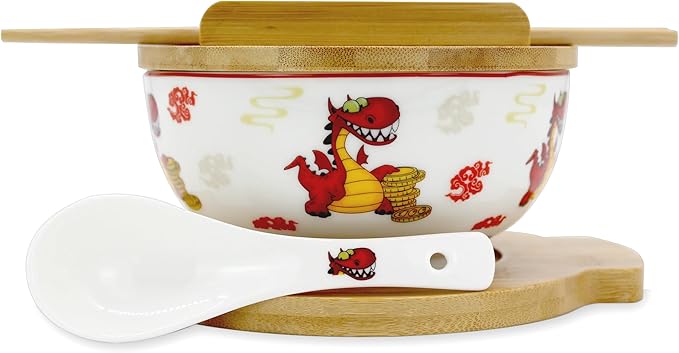 XWORLD Japanese Ceramic Ramen Noodle Bowls Set with Ceramic Spoon, Bamboo Chopsticks, Lid & Trivet, Serving Capacity of 20 OZ, Microwavable Oven Safety (2.75” x 5.75” D) (Dragon and money)