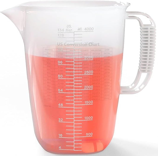1 Gallon Measuring Pitcher, 134oz Extra Large Measure Pitcher-Convenient Conversion Chart-Strong Handle, Heat Resistant Plastic 1 Gallon Measuring Container for Pool Chemicals,Motor Oil, Lawn and Cook