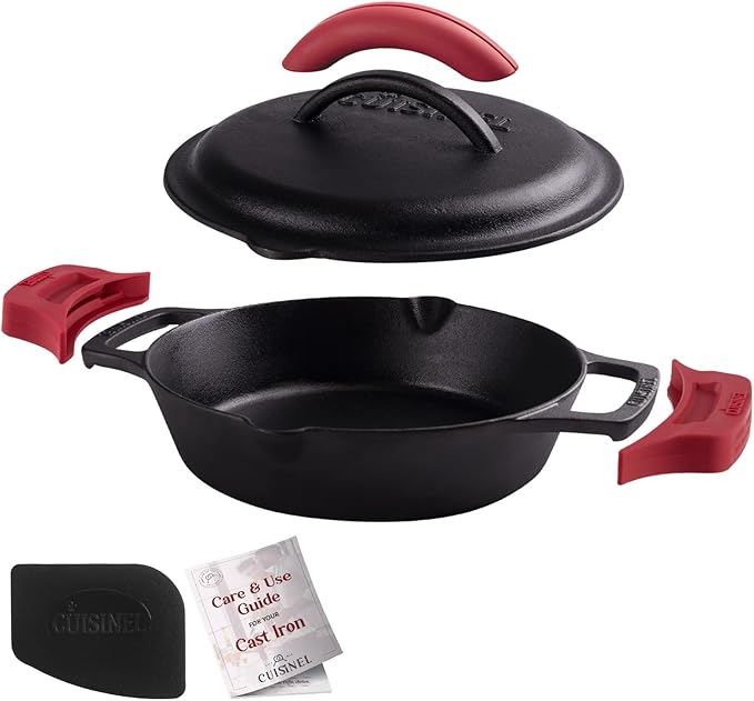 Cuisinel Cast Iron Skillet + Cast Iron Lid Set - 10+12"-Inch Dual Handle Frying Pans + Pan Scraper + Silicone Handle Covers - Preseasoned Indoor/Outdoor, Grill, Stovetop, Induction, Oven Cookware