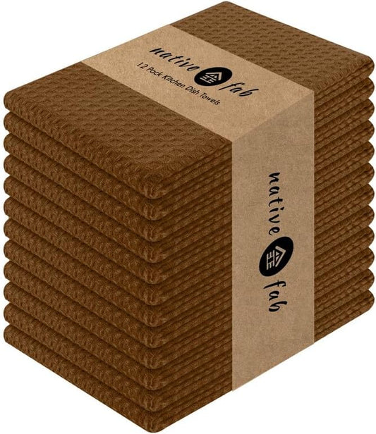 Native Fab Waffle 12 Pack 100% Cotton Easter Kitchen Dish Towels 16x26 Absorbent Durable Washable, Tea Cloths, Bar Towels, Cleaning With Hanging Loop, Brown