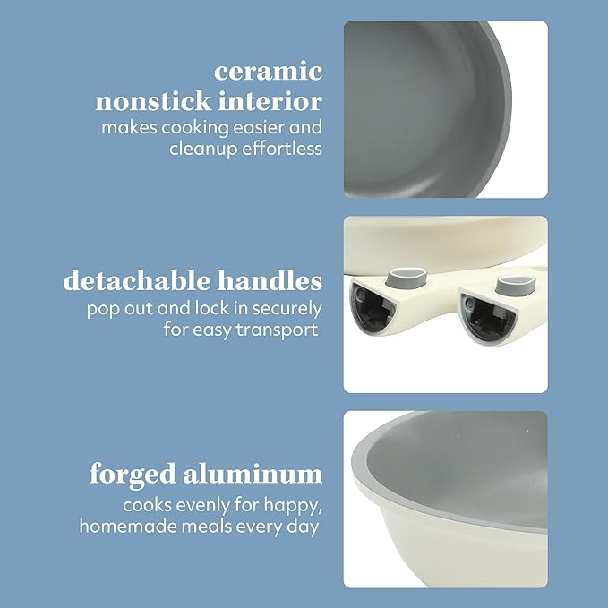 Sur La Table Kitchen Essentials Craft Studio Cast Aluminum Detachable Handle 8 and 10 Inch Skillet Fry Pan Set w/PFA Free Ceramic Non Stick Removable Handle Induction Safe - Eggshell White