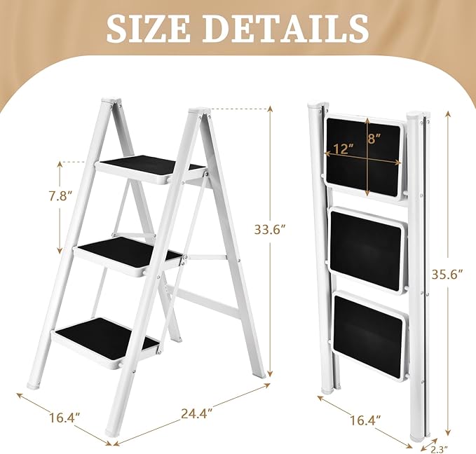 HBTower 3 Step Ladder Folding Step Stool, 330 Lbs Capacity Step Stool for Adults, Closet Step Stool Ladder with Anti-Slip Wide Pedals Household Office, White