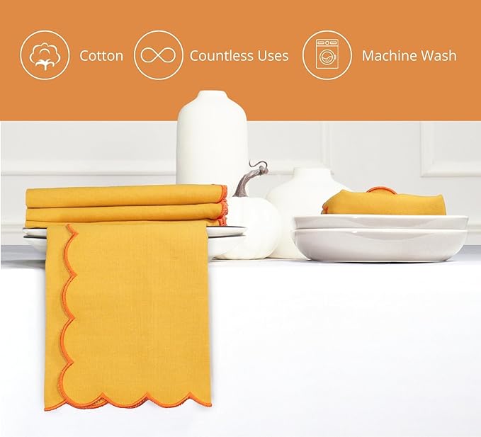 PurpleEssences Scalloped Embroidery Cloth Napkins Christmas Holiday Winter Table Decor 100% Cotton Set of 4-18 x 18 inch - Golden Yellow - Edges - Orange