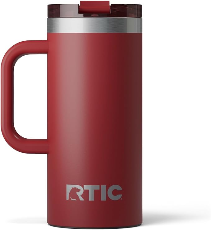 RTIC 16oz Road Trip Travel Mug with Lid and Handle, Insulated, Stainless Steel, Metal, Double Wall Vacuum-Insulation, Ceramic Lined, Portable Coffee, Tea Cup for Hot and Cold Drink, Black Cherry