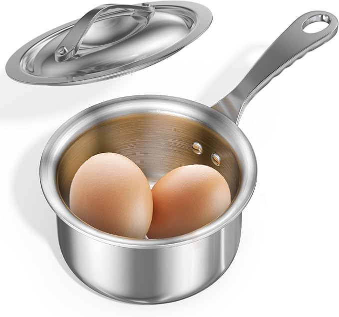 Macevia Mini Sauce Pan with Lid,Stainless Steel Butter Warmer Small Pot, For All Stoves Multipurpose Use for Home Kitchen or Restaurant (10.8oz/320ml) - Silver
