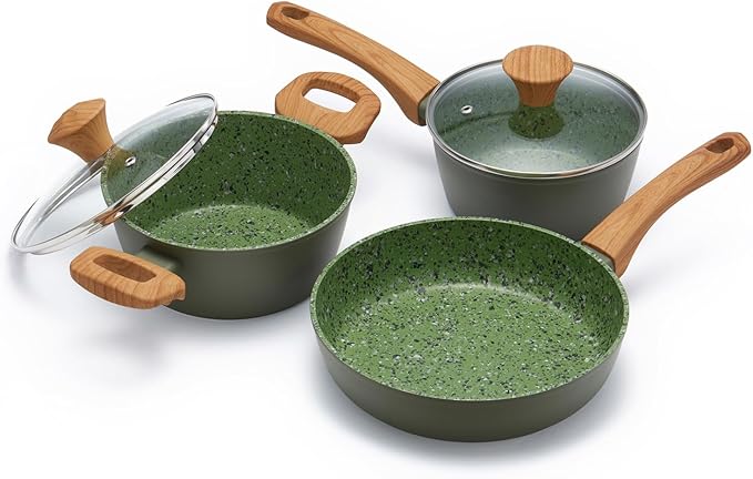 3-Piece Nonstick Cookware Set, 8.5 Inch Frying Pan & 2 Pots with Lids | PFAS & PFOA Free Non-Toxic Coating | Induction Compatible, Dishwasher Safe | Pots and Pans Set for Beginner Kitchen