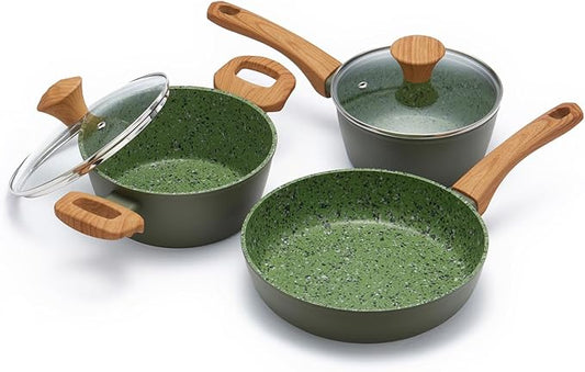 3-Piece Nonstick Cookware Set, 8.5 Inch Frying Pan & 2 Pots with Lids | PFAS & PFOA Free Non-Toxic Coating | Induction Compatible, Dishwasher Safe | Pots and Pans Set for Beginner Kitchen