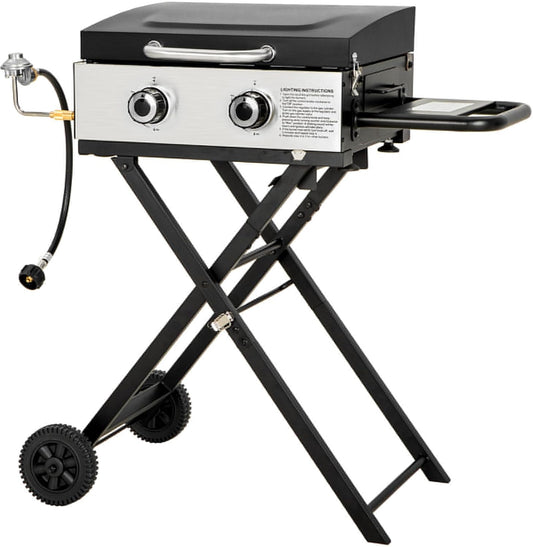 GREEN PARTY 2 Burner BBQ Propane Gas Griddle with Collapsible Stand, 18 Inch Portable Griddle with Side Table & 253 Sq. In. Cooking Area, Flat Top Gas Grill for Outdoor Cooking Garden Patio Backyard